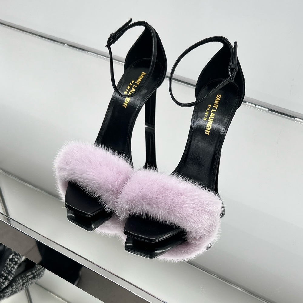 Saint Laurent Mink Fur-Trimmed Leather Sandals